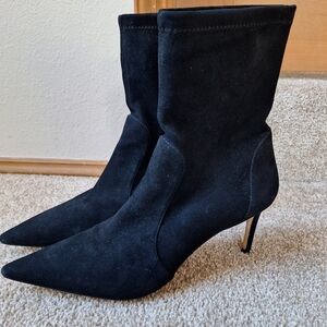 Stuart Weitzman 75 Stretch Black Suede Stiletto Pointed Toe Boot Womens Size 9.5